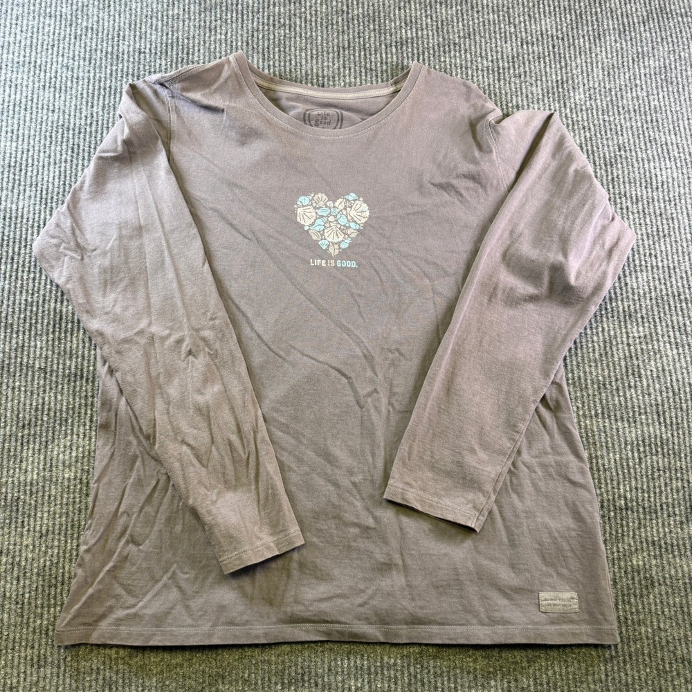 Life is Good Graphic T-Shirt XL Purple Cotton Blend Seashell Heart Long Sleeve